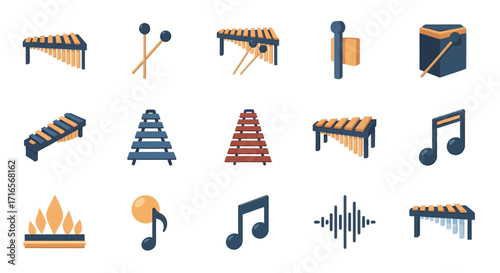 Collection of Musical Instruments - Xylophones, Marimba, Drum, and Notes.