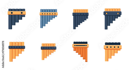 Collection of Pan Flutes in Various Colors and Designs, Musical Instruments.