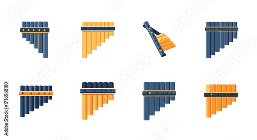 Collection of Pan Flute Icons - Blue, Orange, and Black Variations.