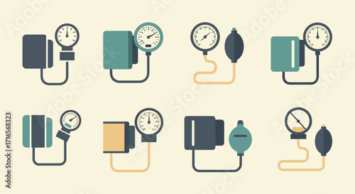 Collection of Sphygmomanometer Icons with Cuffs, Gauges, and Inflation Bulbs.