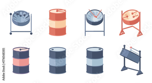 Collection of Steelpan Drums and Oil Barrels in Various Colors and Styles.
