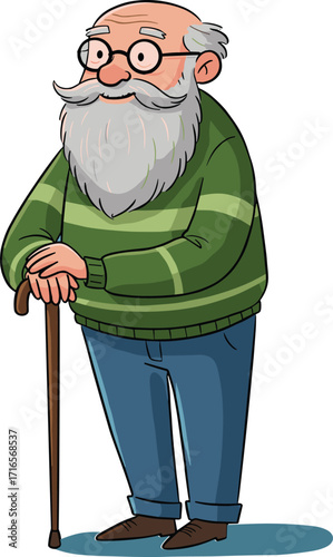 Cartoon elderly man, walking cane, senior character, aging support, beard, glasses, casual clothing, retirement, healthcare, independence, old age, mobility aid, physical therapy, elder care