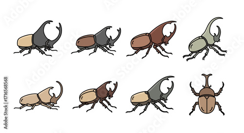 Collection of Stylized Beetle Illustrations with Horns and Detailed Carapace Designs.