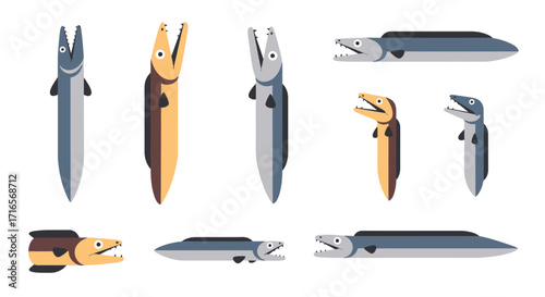 Collection of Stylized Cartoon Fish with Open Mouths and Sharp Teeth.