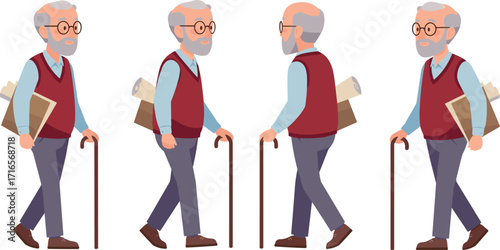 Cartoon elderly man, walking cane, senior character, aging support, front view, side view, back view, mobility aid, retirement, healthcare, independence, old age, physical therapy