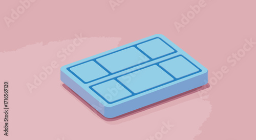 Light blue ice cube tray on a pink surface.