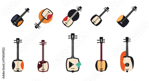 Collection of Stylized Japanese Shamisen Instruments in Various Angles and Colors.