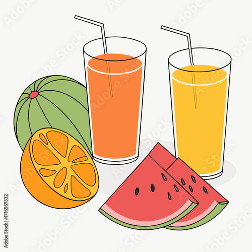Fresh citrus juice in a glass with a variety of ripe fruits