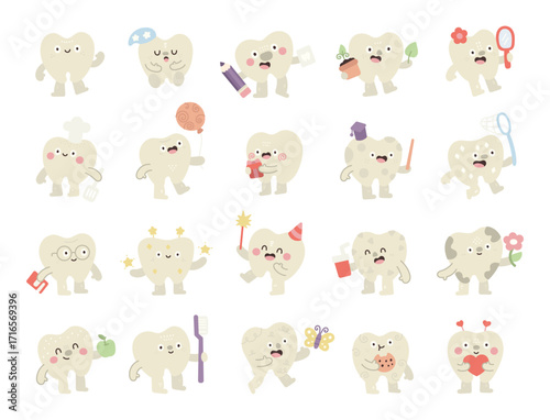 Tooth character set in scandinavian style showing different emotions and poses including holiday, celebration, book, education, health, food, drink, valentine, flower, cookie