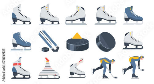 Collection of Various Ice Skates, Hockey Pucks, and Equipment Illustrations in Flat Style.