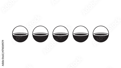 Five black and white spheres each partially filled with a dark liquid representing a minimalist concept of stages progress or growth