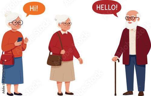 Cartoon elderly people, senior communication, speech bubbles, aging support, mobile phone, walking cane, social interaction, companionship, healthcare, independence, elder care, senior lifestyle