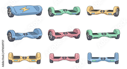 Colorful Collection of Nine Hoverboards in Various Designs and Styles.