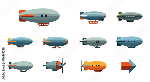 Colorful cartoon vector illustration set of various airships, blimps, and zeppelins.