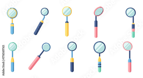 Colorful dental mirrors set with various handle designs, essential oral examination tools.