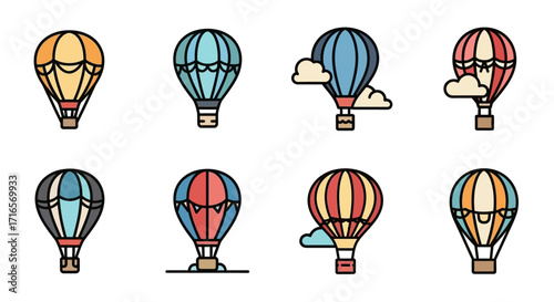 Colorful Hot Air Balloon Vector Icon Set with Striped Envelopes and Bold Outlines.