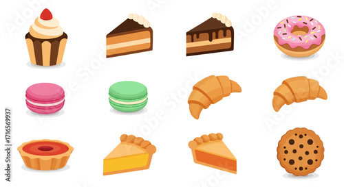 Colorful vector icon set of various sweet pastries and desserts, including cake, pie, donut, and macaron.