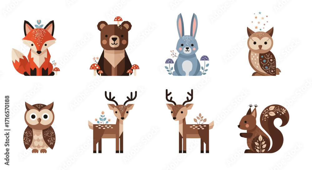 Naklejka premium Cute Cartoon Forest Animals Collection, Colorful and Flat Design.