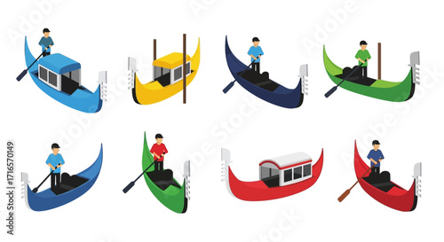 Colorful Venetian Gondola Collection in Flat Style.