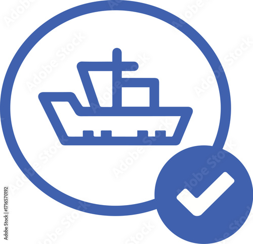 Simple blue icon of a ship with a checkmark symbol indicating approval or confirmation