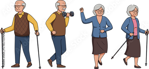 Cartoon elderly people, senior fitness, walking poles, dumbbell exercise, active aging, mobility aid, healthcare, independence, physical therapy, wellness, rehabilitation, elder care