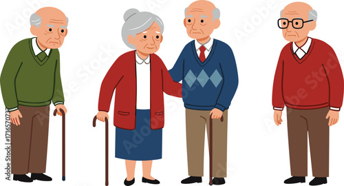 Cartoon elderly people, walking cane, senior characters, aging support, companionship, healthcare, friendly pose, senior lifestyle, emotional connection, flat illustration, aging population, wellness