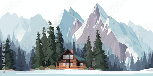 Cabin home in the mountains with pine trees