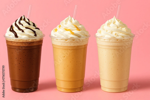 Three frappuccino drinks on pink