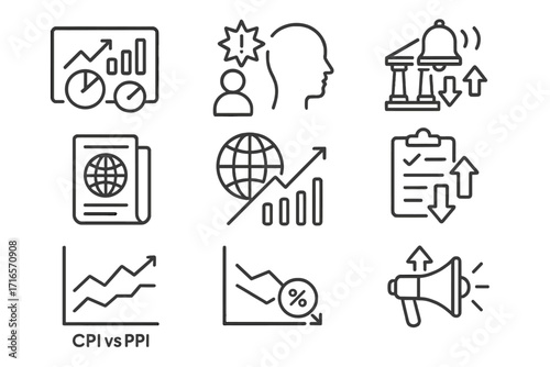 Forex Trading Icons. Line style icons of forex trading: economic indicators dashboard, unemployment news flash, bank rate change