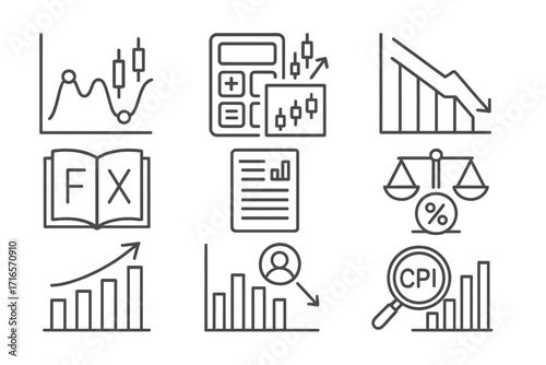 Forex Trading Icons. Line style icons of forex trading: volatility indicator, position calculator, drawdown chart, forex glossary,