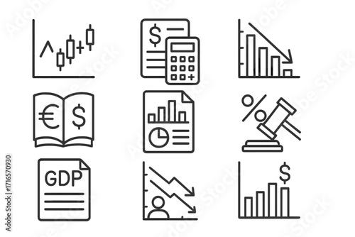 Forex Trading Icons. Line style icons of forex trading: volatility indicator, position calculator, drawdown chart, forex glossary,