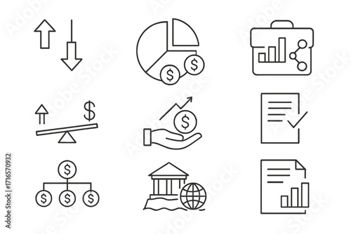 Hedge Fund Icons. Line style icons of hedge funds: long/short strategy, fund allocation pie, portfolio diversification, leverage