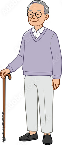 Cartoon elderly person, walking cane, senior character, aging support, mobility aid, retirement, healthcare, independence, old age, casual clothing, physical therapy, disability assistance
