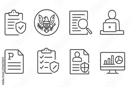 Hedge Fund Icons. Line style icons of hedge funds: regulatory compliance icon, SEC registration symbol, fund audit report,