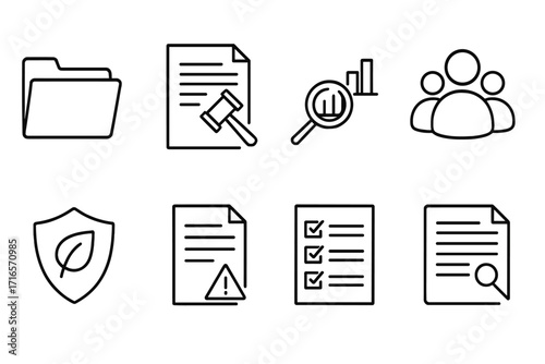 Private Equity Icons. Line style icons of private equity: data room folder, legal due diligence, commercial analysis, management