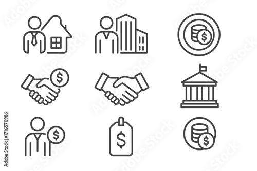 Hedge Fund Icons. Line style icons of hedge funds: family office investor, institutional investor icon, endowment fund badge,