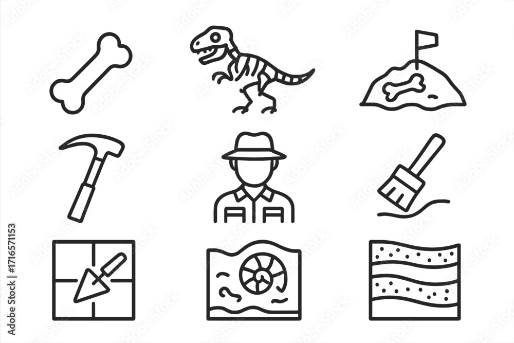 Obraz premium Paleontology Icon Set. Line style icons of paleontology: fossilized bone, dinosaur skeleton, excavation site, rock hammer,