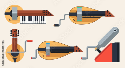 Flat Design Illustration of Various Stringed Instruments, Including Hurdy-Gurdy and Guitar.
