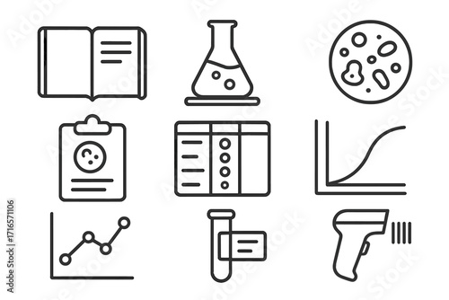 Microbiology Lab Icons. Line style icons of microbiology: lab notebook, experiment log, colony drawing, recorded observation,