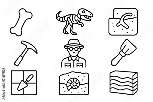 Paleontology Icon Set. Line style icons of paleontology: fossilized bone, dinosaur skeleton, excavation site, rock hammer,