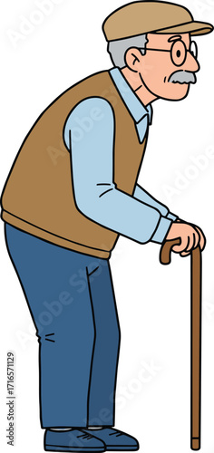 Cartoon elderly person, walking cane, senior character, aging support, mobility aid, retirement, healthcare, independence, old age, physical therapy, disability assistance