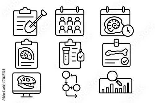 Paleontology Workflow Icons. Line style icons of paleontology: digging schedule, field team calendar, fossil report deadline, lab