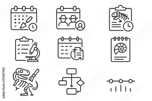 Paleontology Workflow Icons. Line style icons of paleontology: digging schedule, field team calendar, fossil report deadline, lab