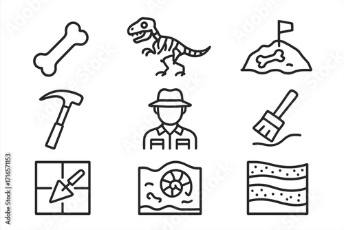 Paleontology Icon Set. Line style icons of paleontology: fossilized bone, dinosaur skeleton, excavation site, rock hammer,