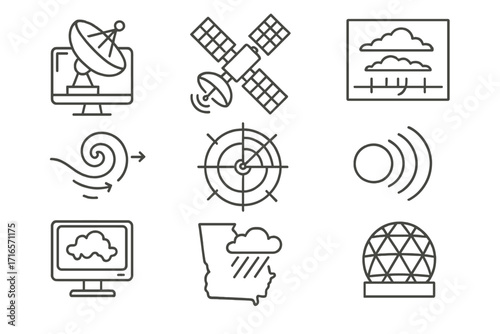 Meteorology Line Icons. Line style icons of meteorology: weather radar, satellite icon, cloud formation chart, storm track, radar