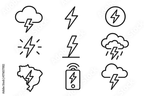 Meteorology Line Icons. Line style icons of meteorology: thundercloud icon, lightning strike, electrical charge, static build-up,