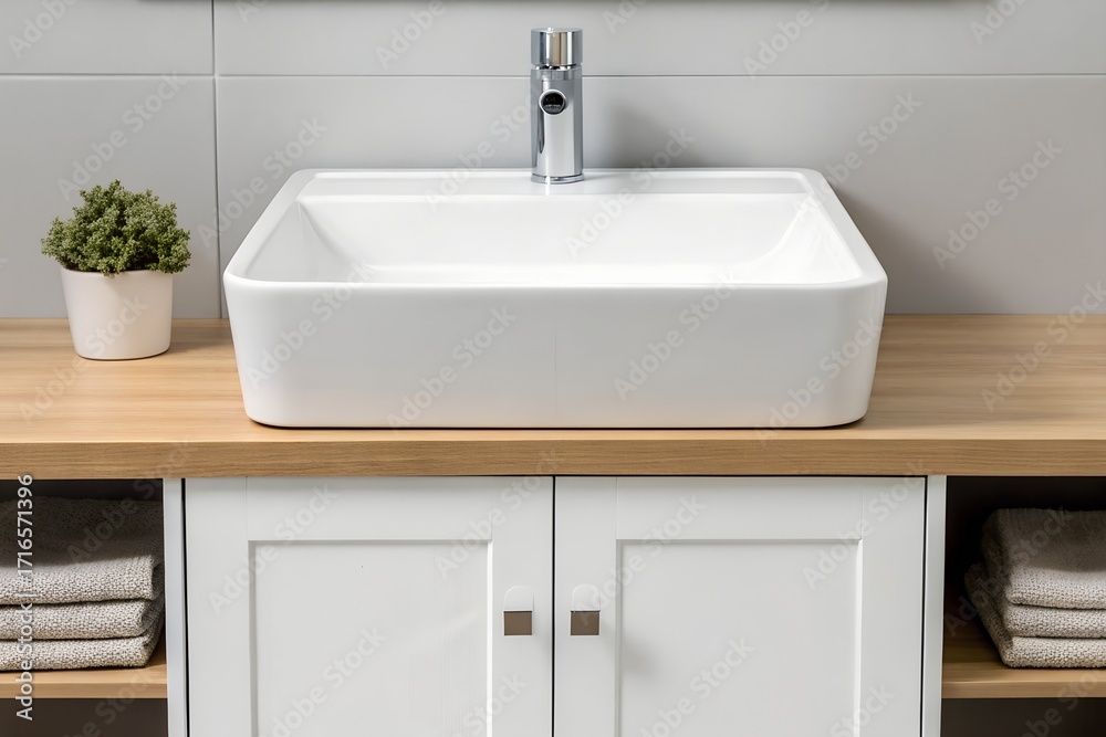 Fototapeta premium White Square Vessel Sink on Light Wood Vanity