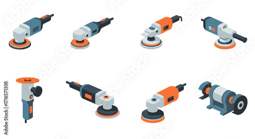 Isometric view of electric grinders and polishers, various models and colors.