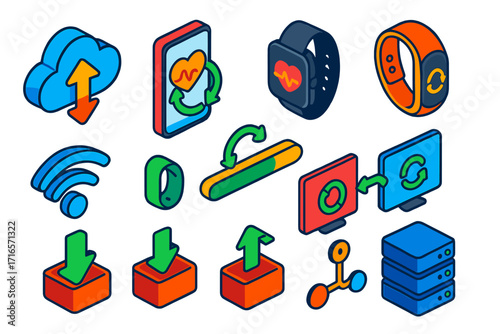 Health Data Sync Icons. Isometric vector illustration set Health data sync: cloud icon, smartphone screen, smartwatch icon,