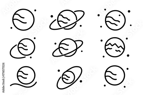 Exoplanet Line Icons. Line style icons of exoplanets: rogue planet icon, free-floating orbit, starless body, interstellar drift,